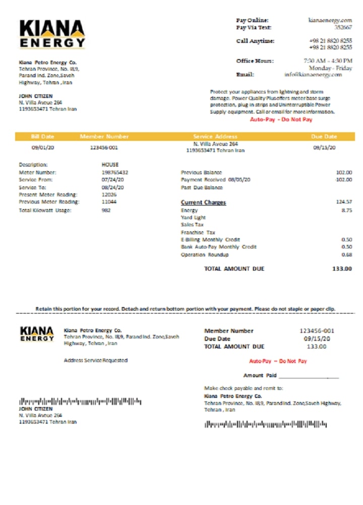 Iran Kiana Petro Energy Co utility bill